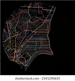 Map of Maceio with all major and minor roads, railways and waterways. Colorful line art on black background.