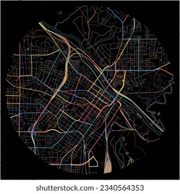 Map of Macon, Georgia with all major and minor roads, railways and waterways. Colorful line art on black background.