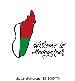 Map of Madagascar colored in national colors with Welcome to Madagascar hand lettering phrase