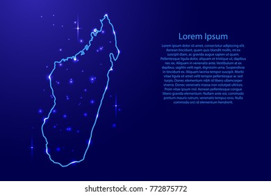 Map Madagascar from the contours network blue, luminous space stars for banner, poster, greeting card, of vector illustration