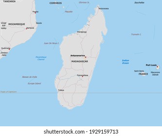 Map of Madagascar. Map is drawn in high detail and for clarity shows only major cities. Country is drawn with neighboring countries.