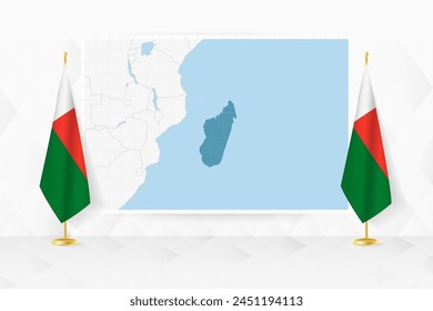 Map of Madagascar and flags of Madagascar on flag stand. Vector illustration for diplomacy meeting.