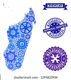 Map of Madagascar Island formed with blue engine components, and isolated grunge watermarks for official repair services.