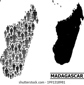 Mapa de la isla de Madagascar para proyectos sociales. abstracción de la población de vectores. Mapa conceptual de la isla de Madagascar creado de elementos sociales. Esquema demográfico en tonos grises oscuros.