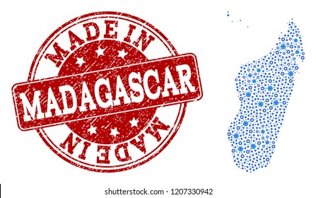 Map of Madagascar Island vector mosaic and Made In grunge stamp. Map of Madagascar Island designed with blue wheel relations. Made in red seal with grunge rubber texture.