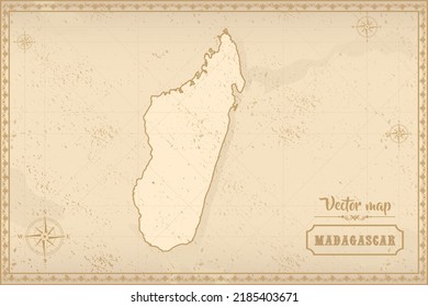 Map of Madagascar in the old style, brown graphics in retro fantasy style