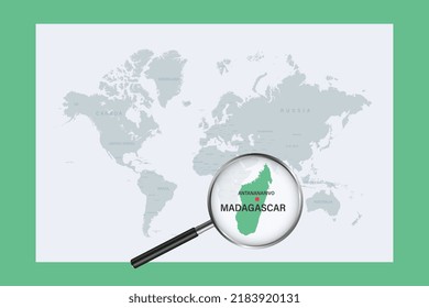 Map of Madagascar on political world map with magnifying glass