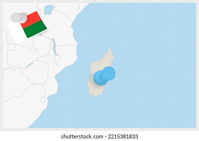 Mapa de Madagascar con un pin azul. Bandera enclavada de Madagascar, ilustración vectorial.
