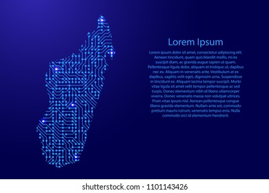 Map Madagascar from printed board, chip and radio component with blue star space on the contour for banner, poster, greeting card. Computer electronics processor motherboard. Vector illustration. 