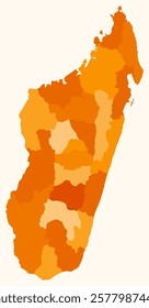 Map of Madagascar with regions. Just a simple country border map with region division. Orange color palette. Blank Madagascar shape with administrative division. Vector illustration.