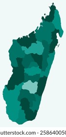 Map of Madagascar with regions. Just a simple country border map with region division. Teal color palette. Flat Madagascar shape with administrative division. Vector illustration.