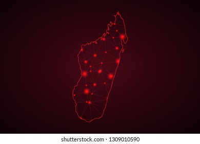 Map of Madagascar. Wire frame 3D mesh polygonal network line, design sphere, dot and structure. communications map of Madagascar. Vector Illustration EPS10. - Vector
