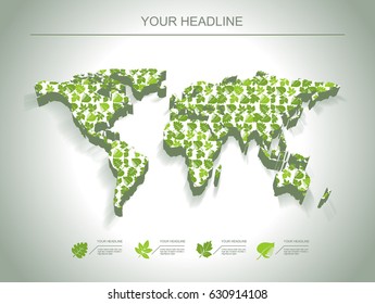 Map made of green fresh leaves, concept of ecology, healthy nutrition, organic products.