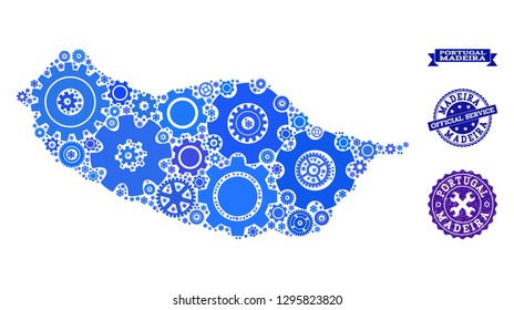 Map of Madeira Island designed with blue engine components, and isolated rubber stamps for official repair services.