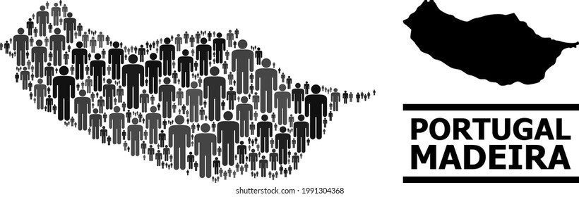 Map of Madeira Island for social agitprop. Vector demographics abstraction. Abstraction map of Madeira Island made of men items. Demographic scheme in dark grey color hues.