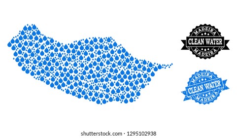 Map of Madeira Island vector mosaic and clean water grunge stamp. Map of Madeira Island created with blue liquid raindrops. Seal with corroded rubber texture for clean drinking water.
