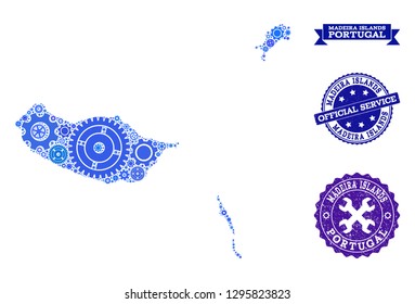 Map of Madeira Islands composed with blue wheel symbols, and isolated rubber watermarks for official repair services.