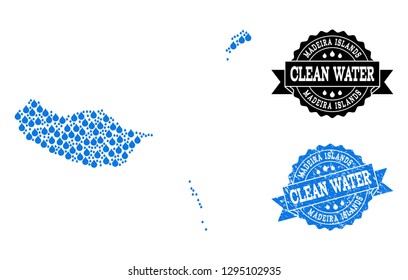 Map of Madeira Islands vector mosaic and clean water grunge stamp. Map of Madeira Islands formed with blue aqua dews. Seal with retro rubber texture for natural drinking water.