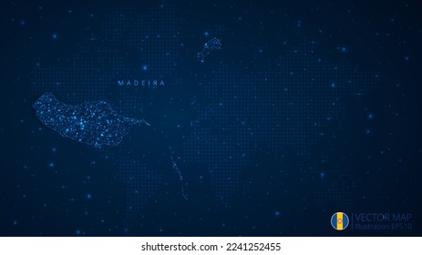 Map of Madeira modern design with polygonal shapes on dark blue background. Business wireframe mesh spheres from flying debris. Blue structure style vector illustration concept.