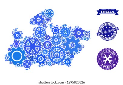 Map of Madhya Pradesh State created with blue cog items, and isolated rubber seals for official repair services. Vector abstract mosaic of map of Madhya Pradesh State with repair symbols in blue hues.