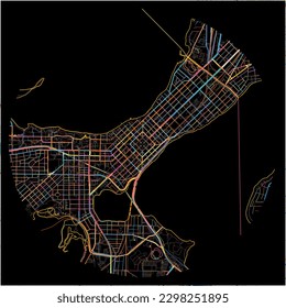 Map of Madison, Wisconsin with all major and minor roads, railways and waterways. Colorful line art on black background.