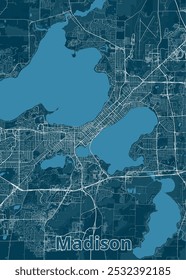 Map of Madison, Wisconsin, rendered in a minimalist style. The map is dominated by a deep blue color, representing water bodies, with white lines outlining the city's streets and roads.
