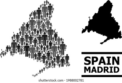 Map of Madrid Province for political applications. Vector nation mosaic. Mosaic map of Madrid Province composed of human pictograms. Demographic scheme in dark grey color variations.