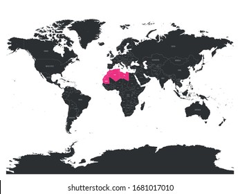 Map of Maghreb countries - Northwest Africa states pink highlighted in World map. Vector illustration.