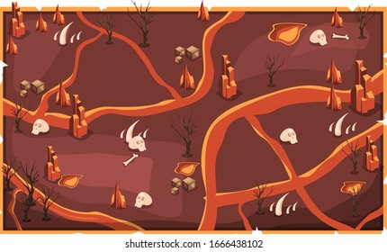 Map Magma Lava landscape with skull, dry tree, rocks and box for Vector Illustration Design Ideas