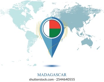 mapa con la bandera de estado de MADAGASCAR ampliada, mapa de mi posición actual, icono del puntero del mapa aislado en el fondo blanco Ilustración vectorial del mapa, pin MADAGASCAR flag.eps