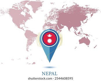 Karte mit vergrößertem NEPAL, Karte meiner aktuellen Position, Kartenzeigersymbol einzeln auf weißem Hintergrund NEPAL-Staatsflagge. Karte, Vektorgrafik, Pin, NEPAL-Flag.eps8