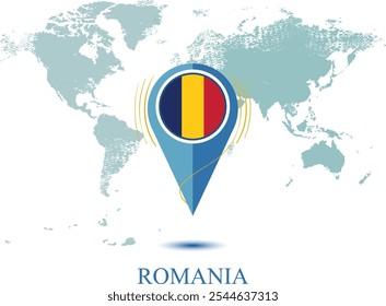 map with magnified ROMANIA,  map pointer icon isolated on white background ROMANIA state flag. map of my current position,map vector illustration,  pin ROMANIA flag.eps