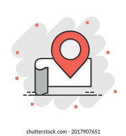 Map with magnifier icon in comic style. Gps navigation cartoon vector illustration on white isolated background. Locate position splash effect business concept.