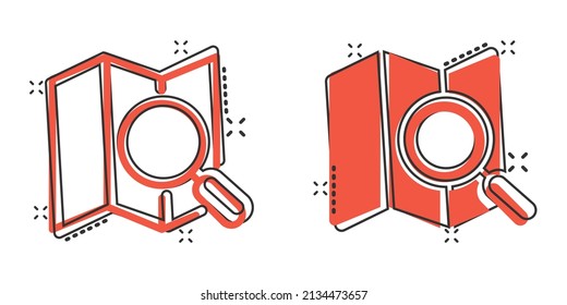 Map with magnifier icon in comic style. Gps navigation cartoon vector illustration on white isolated background. Locate position splash effect business concept.