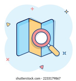 Map with magnifier icon in comic style. Gps navigation cartoon vector illustration on white isolated background. Locate position splash effect business concept.