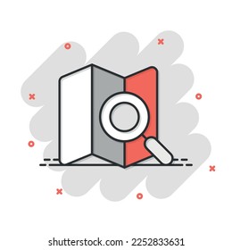 Map with magnifier icon in comic style. Gps navigation cartoon vector illustration on white isolated background. Locate position splash effect business concept.