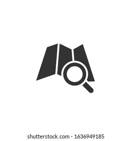 Map with magnifier icon in flat style. Gps navigation vector illustration on white isolated background. Locate position business concept.