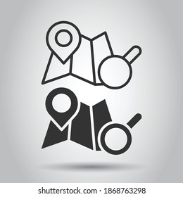 Map with magnifier icon in flat style. Gps navigation vector illustration on white isolated background. Locate position business concept.