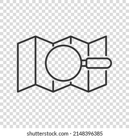 Map with magnifier icon in flat style. Gps navigation vector illustration on white isolated background. Locate position business concept.