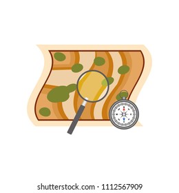 Map with magnifying glass showing place for archaeological excavation and compass. Archeology symbols. Flat vector design