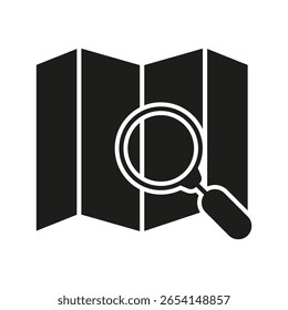 Map With Magnifying Glass Solid Icon. Location Search, Navigation, And Exploration Silhouette Symbol. Travel Planning And Geographic Analysis. Isolated Vector Illustration.