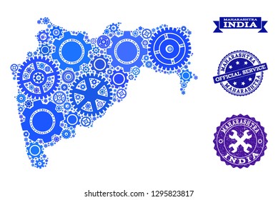 Map of Maharashtra State created with blue gear items, and isolated scratched stamps for official repair services.