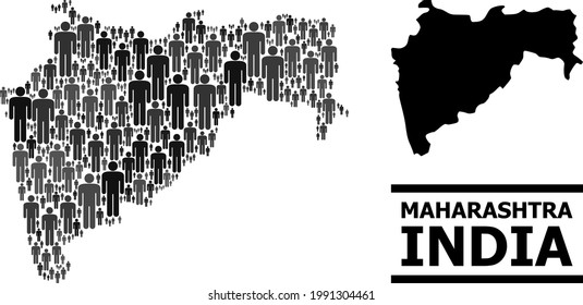 Map of Maharashtra State for politics agitprop. Vector demographics mosaic. Concept map of Maharashtra State made of human pictograms. Demographic concept in dark grey color variations.