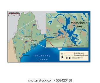Map of Maine, with a call out of the Moosehead Lake area.