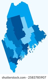 Map of Maine with counties. Just a simple state border map with county division. Light blue color palette. Plain State of Maine shape with administrative division. Vector illustration.