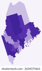 Mapa de Maine com condados. Apenas um simples mapa da fronteira do estado com a divisão do condado. Paleta de cores roxo profundo. Forma em Branco do Estado do Maine com divisão administrativa. Ilustração vetorial.