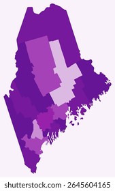Map of Maine with counties. Just a simple state border map with county division. Purple color palette. Blank State of Maine shape with administrative division. Vector illustration.
