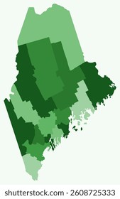 Map of Maine with counties. A simple state border map with county divisions. Green color palette. Plain State of Maine shape with administrative division. Vector illustration.