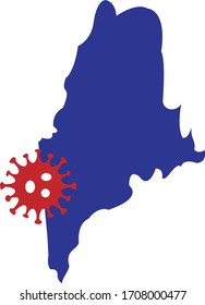 Map Of Maine (New England) State With A Coronavirus Graphic Icon (COVID-19). Also Useful For Flu Season