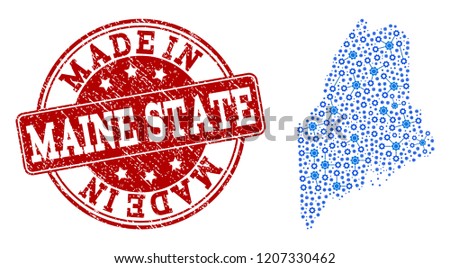 Map of Maine State vector mosaic and Made In grunge stamp. Map of Maine State formed with blue gear relations. Made in red seal with grunge rubber texture.